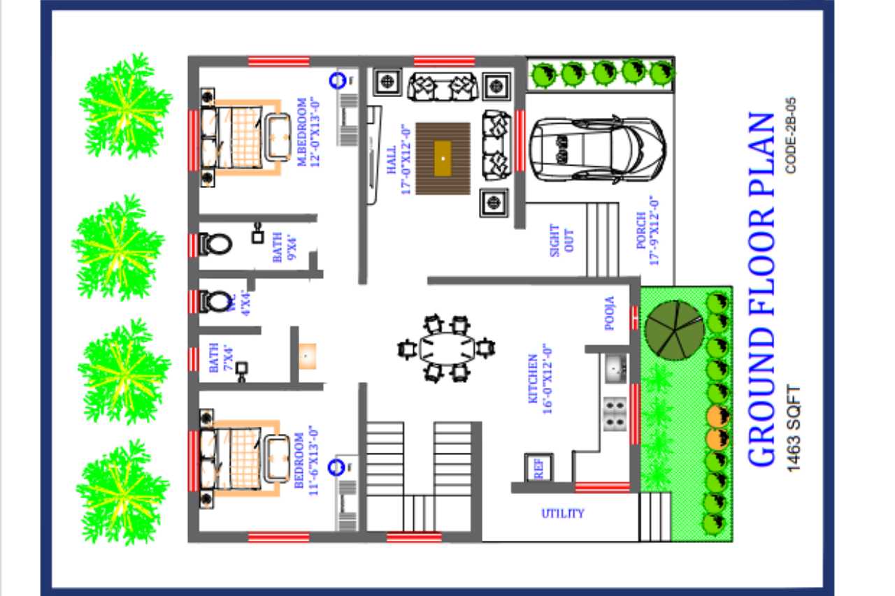 2bhk house plan, 1463 Sq.ft.