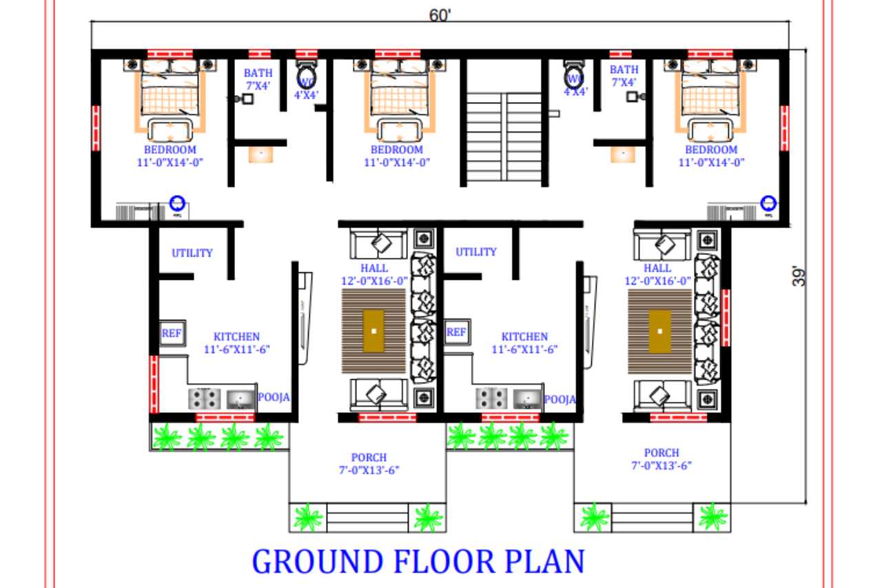 3 bhk house plan : 39 X 60