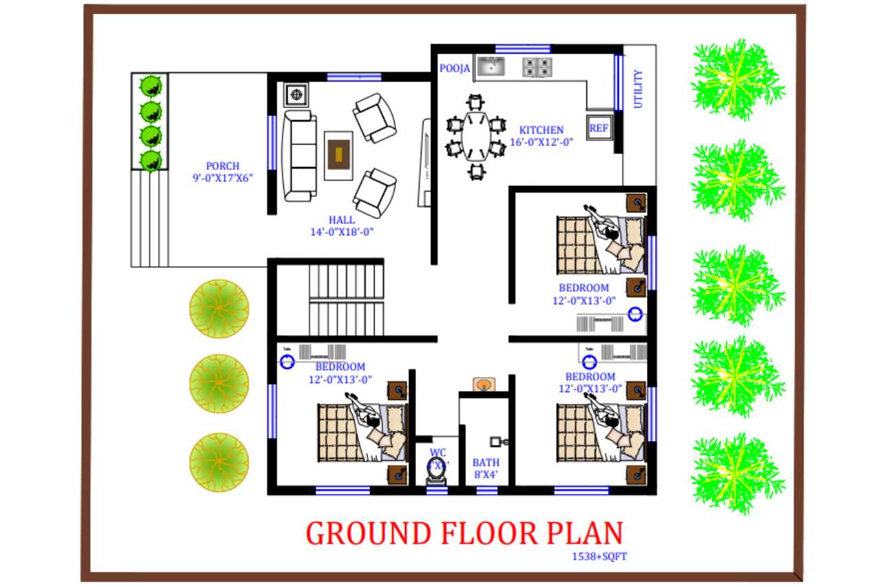 3 bhk house plan , 1538 sq. ft.