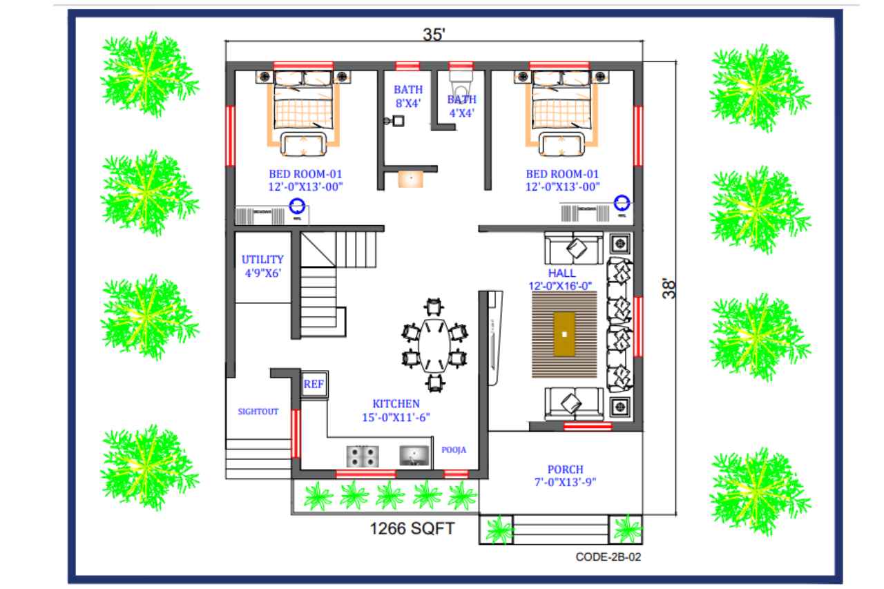 35 x 38, 2bhk house plan